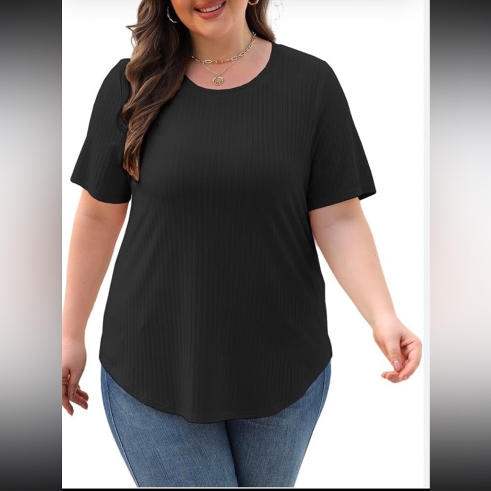 Everyday Ribbed Short Sleeve Tee - Black- Size 3X